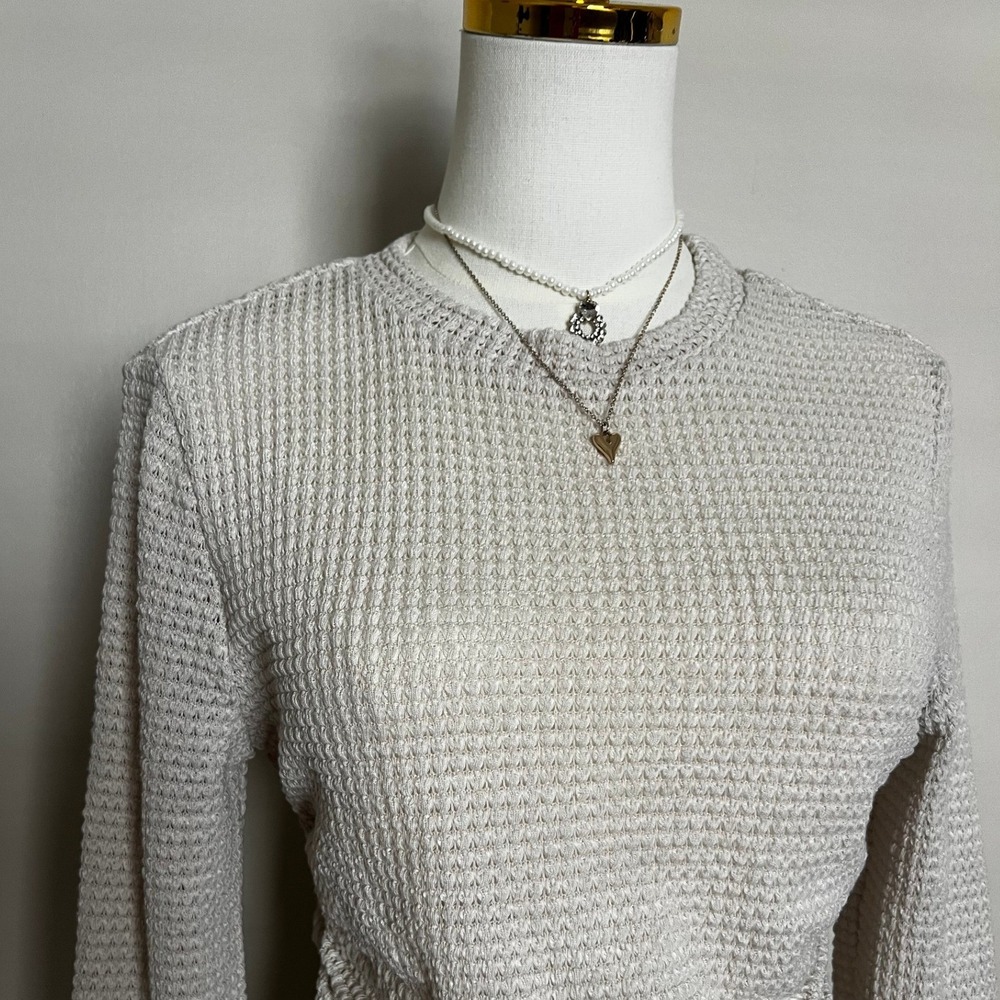 SHEIN Women Beige Waffle Knit Ruched Side Long Sleeve Top Size L 8/10 - Picture 2 of 8